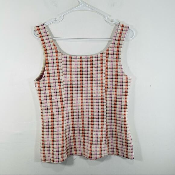 Ann Taylor Pink Orange Cream Madras Plaid Knit Shell Peplum Tank Top Medium - Picture 9 of 9